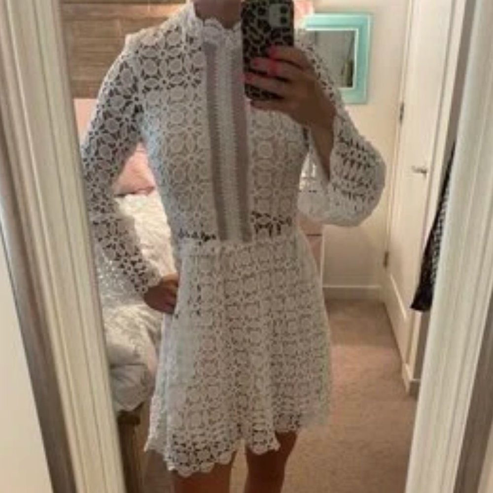 //BEST SELLER// Mesh Insert Mock Neck Flounce Sleeve Lace Dress - Picture 8 of 9